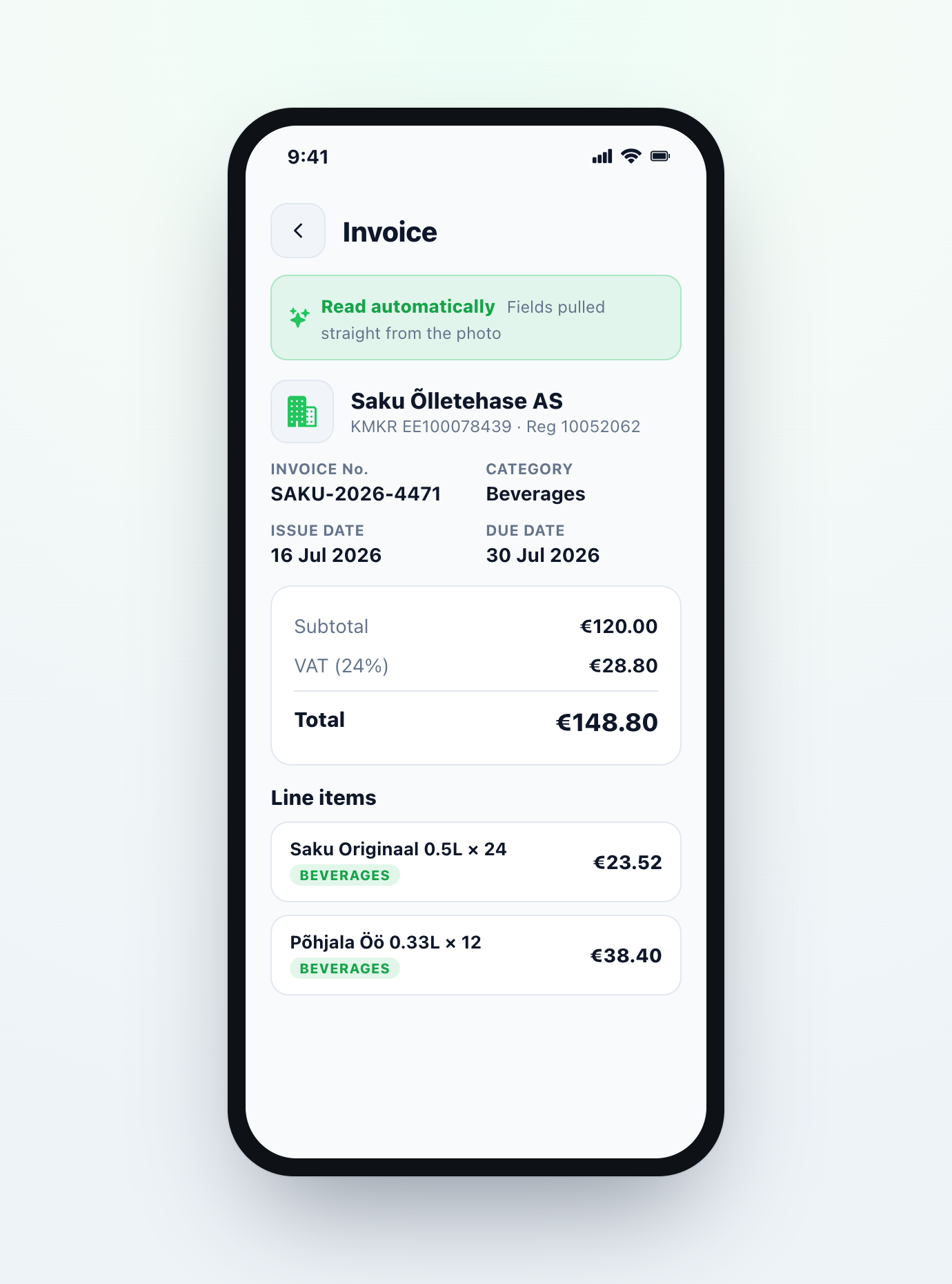 NOPI mobile app — a photographed invoice with its supplier, dates, VAT, total and line items read automatically