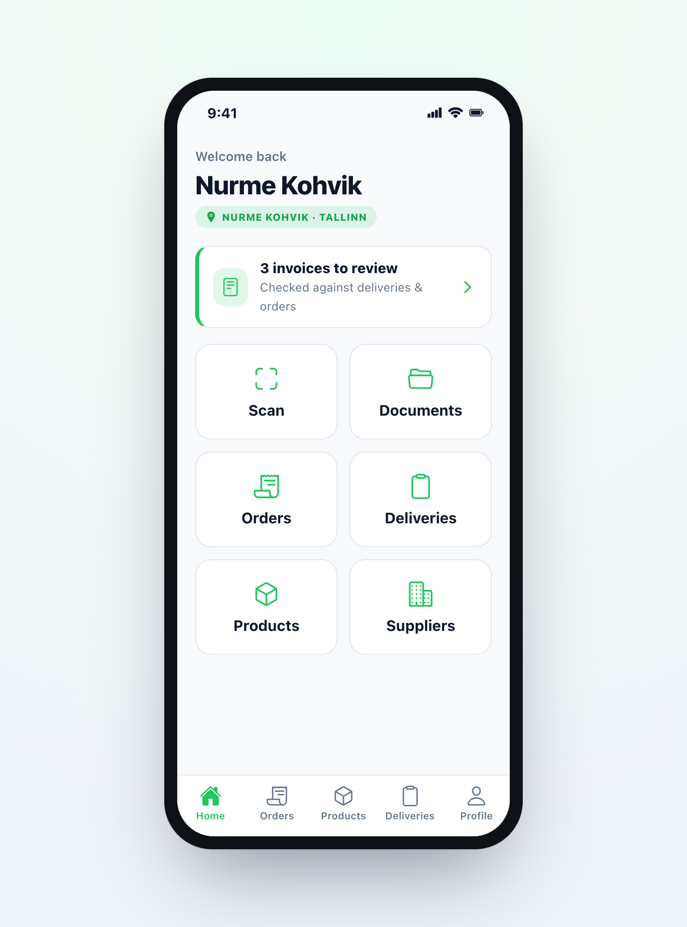NOPI mobile app home — the manager inbox showing invoices to review and one-tap access to daily tools