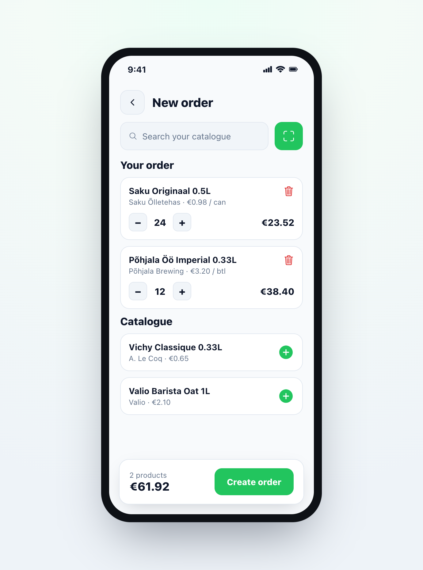 NOPI mobile app — building a supplier order by scanning, with one confirmed order split and sent to every supplier